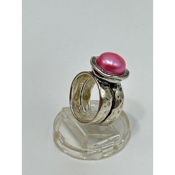 Didae Israel Sterling Silver Dyed Pink Pearl Ring Size 5 925 Hammered Design - Picture 5 of 9